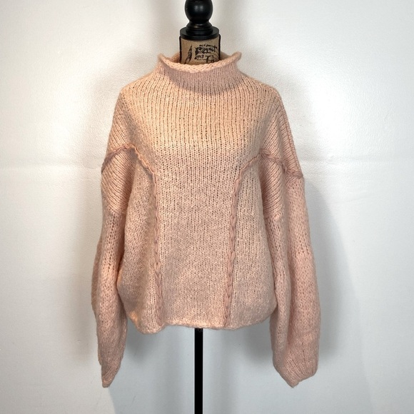 Oneon Women's Mohair Virgin Wool Handknitted Sweater Size L Pink Balloon Sleeve - Picture 3 of 13